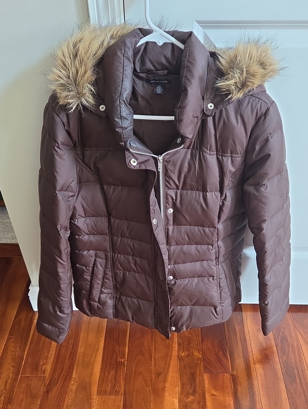 Tommy Hilfiger Brown Quilted Puffer Jacket with Faux Fur Trim Hood